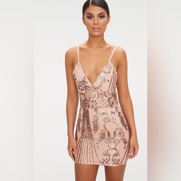 ✨PrettyLittleThing ✨ Rose Gold Strappy Sheer Sequin Bodycon Dress💛 NWT -US6/Med - Picture 2 of 14